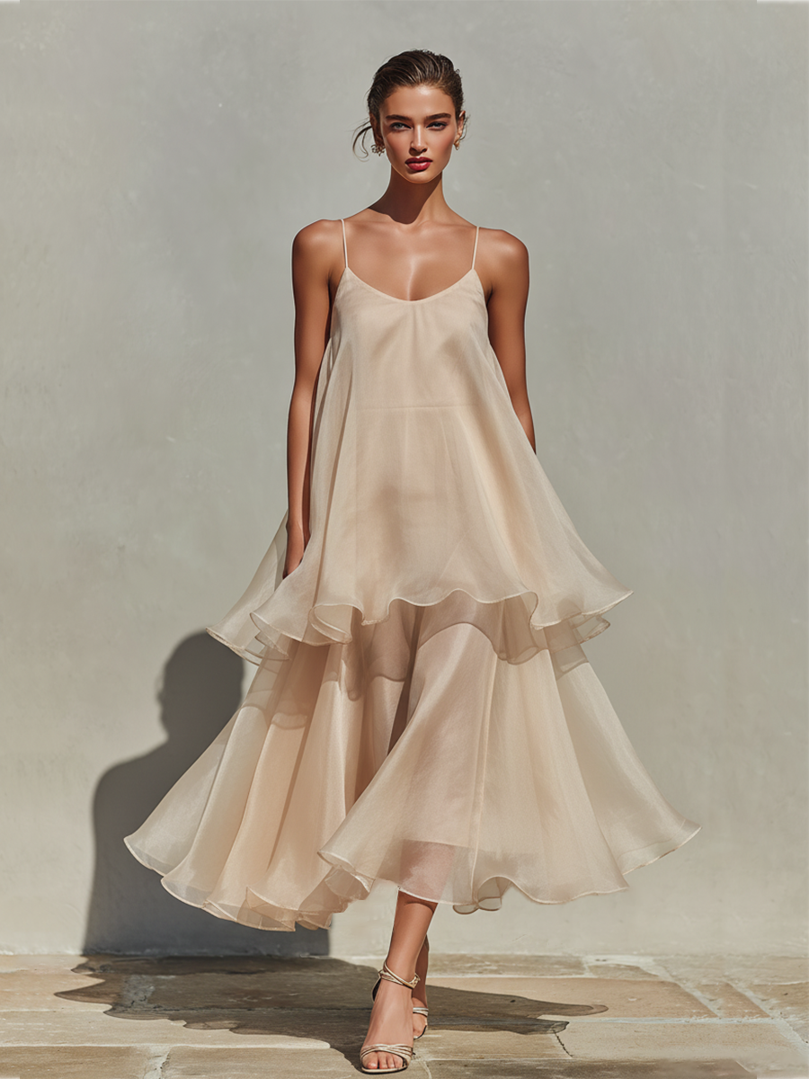 Eloria – Champagne Chiffon Midi Dress with Ruffle Layers