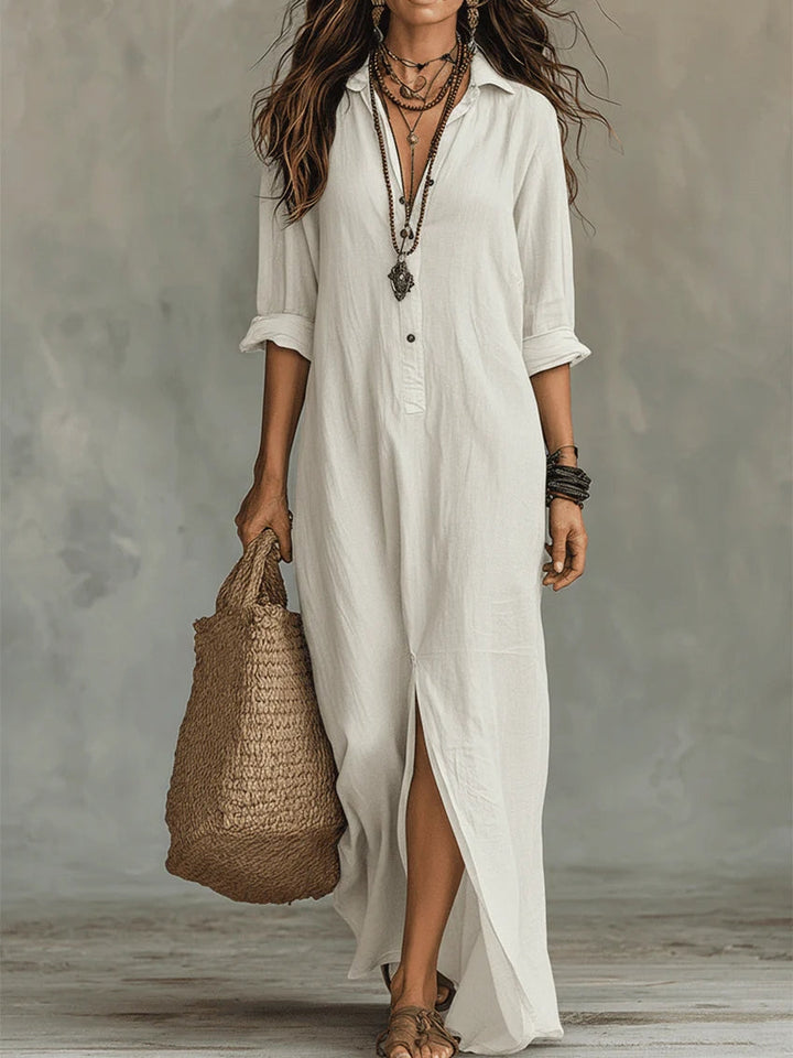 Soline™ | Black Flowing Maxi Dress with Buttons