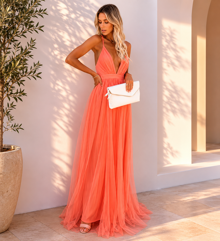 Caroline | Maxi dress with Open Back and Deep V-Neckline