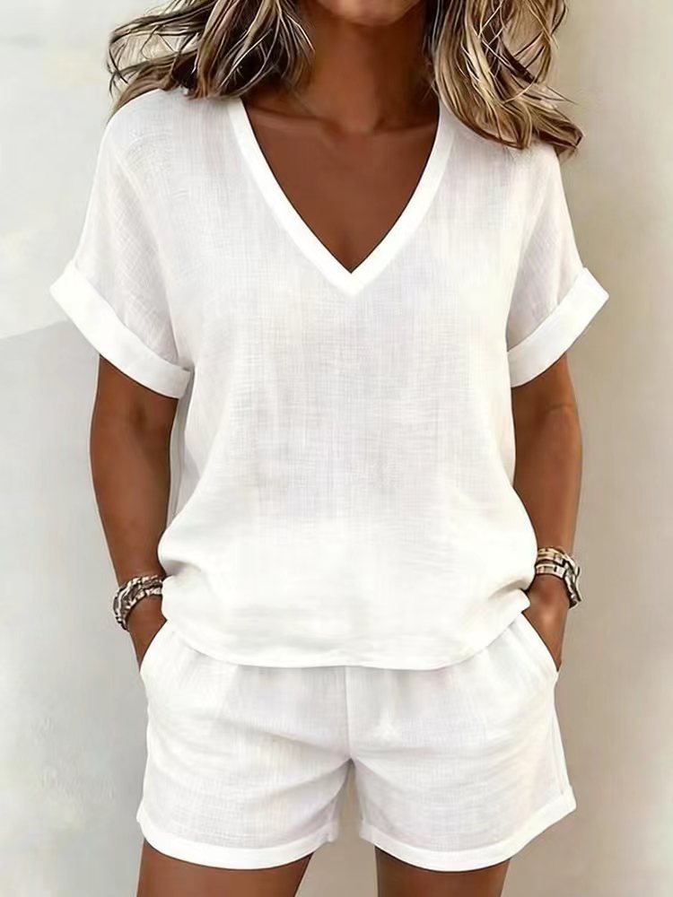 Lucy | V-Neck Short Sleeve Top & Shorts Two-Piece Set