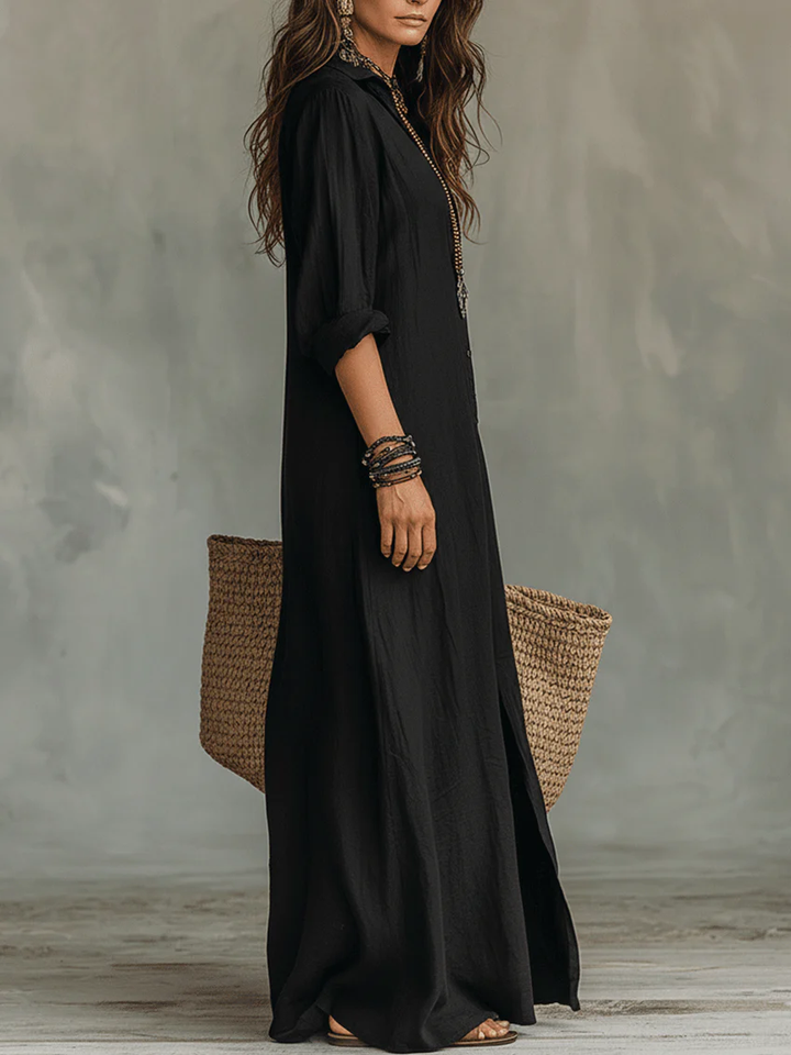 Soline™ | Black Flowing Maxi Dress with Buttons