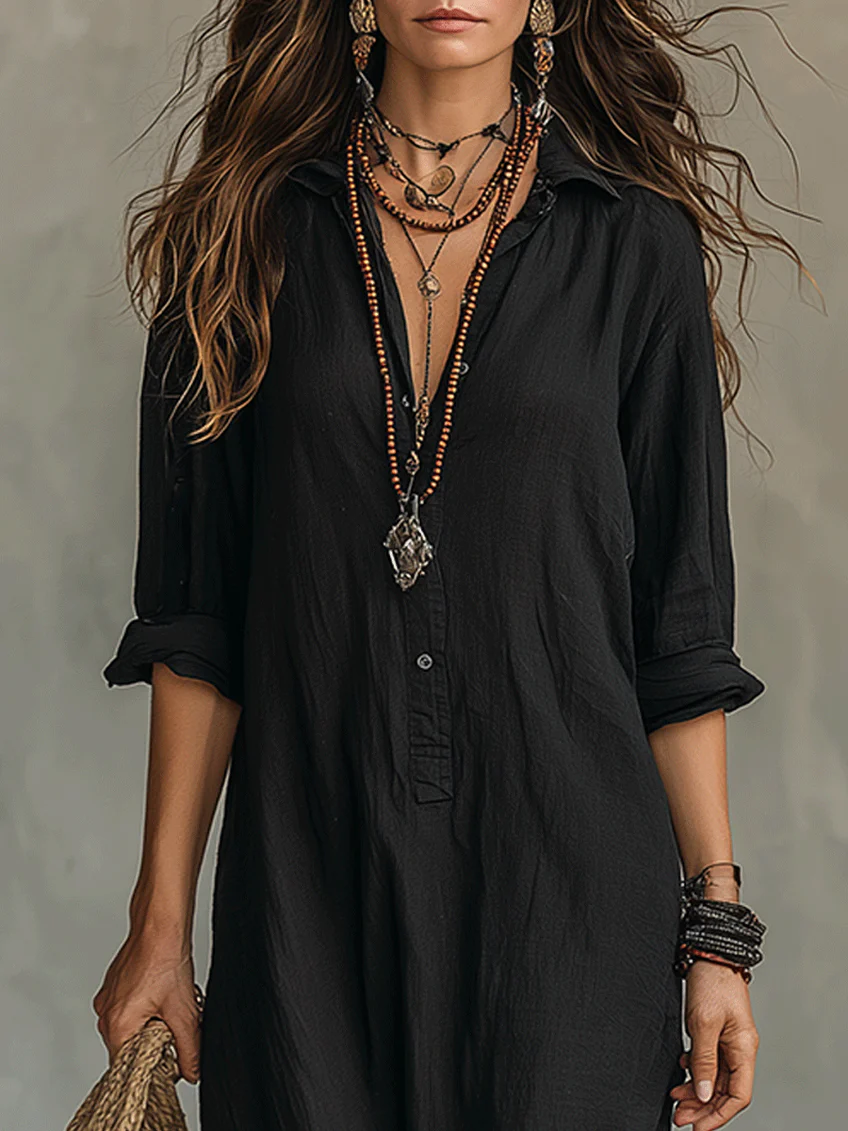 Soline™ | Black Flowing Maxi Dress with Buttons