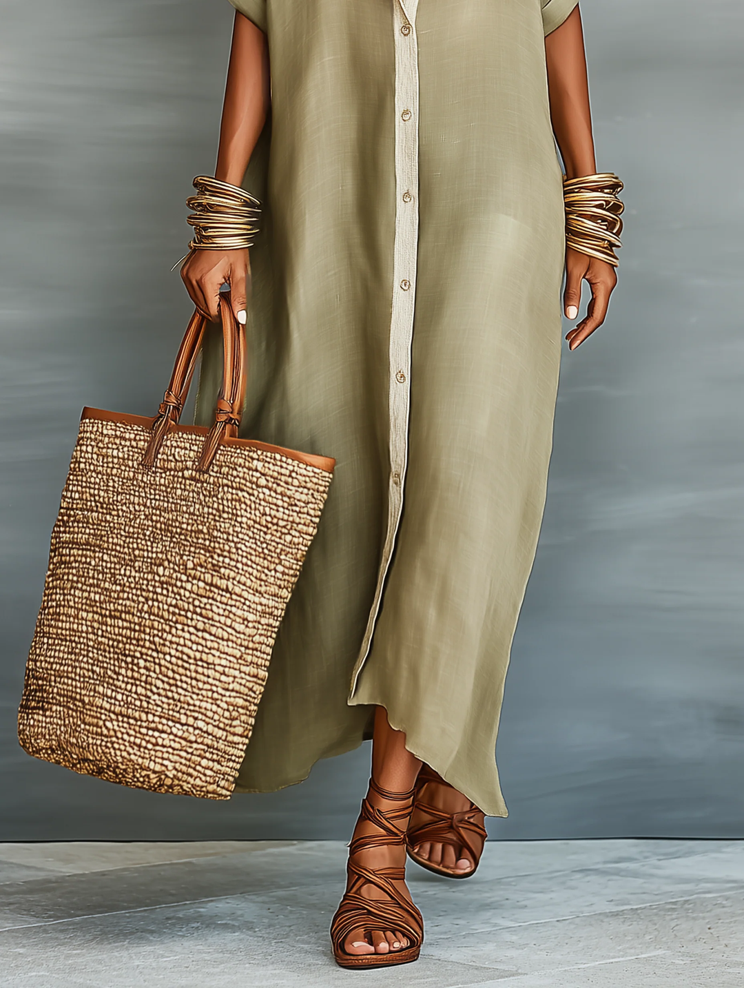 Manelle™ | Olive Green Maxi Dress with Minimalist Line