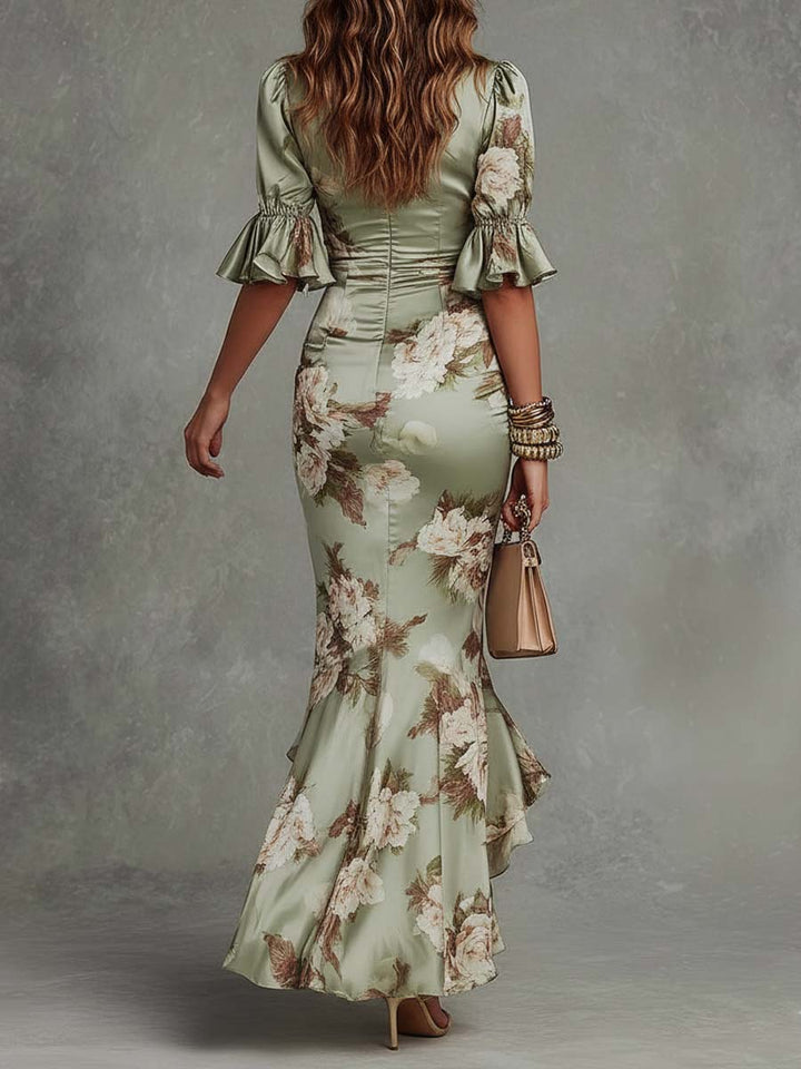 Anna - Asymmetrical long dress in green with V-neck, flared puff sleeves, and floral pattern