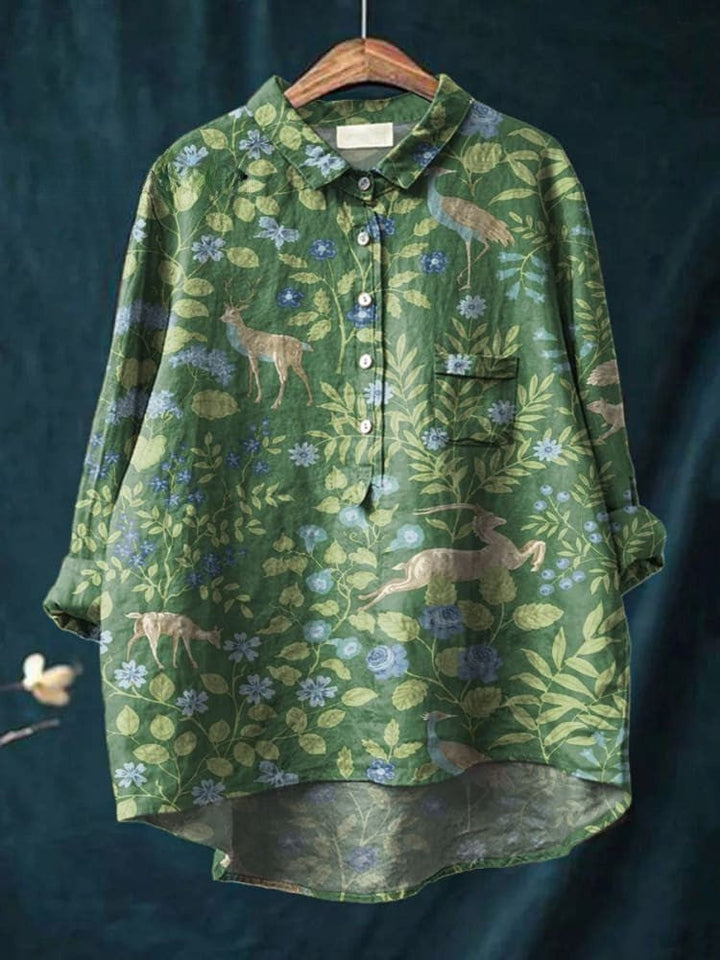 Women's Vintage Floral Animal Art Print Casual Blouse