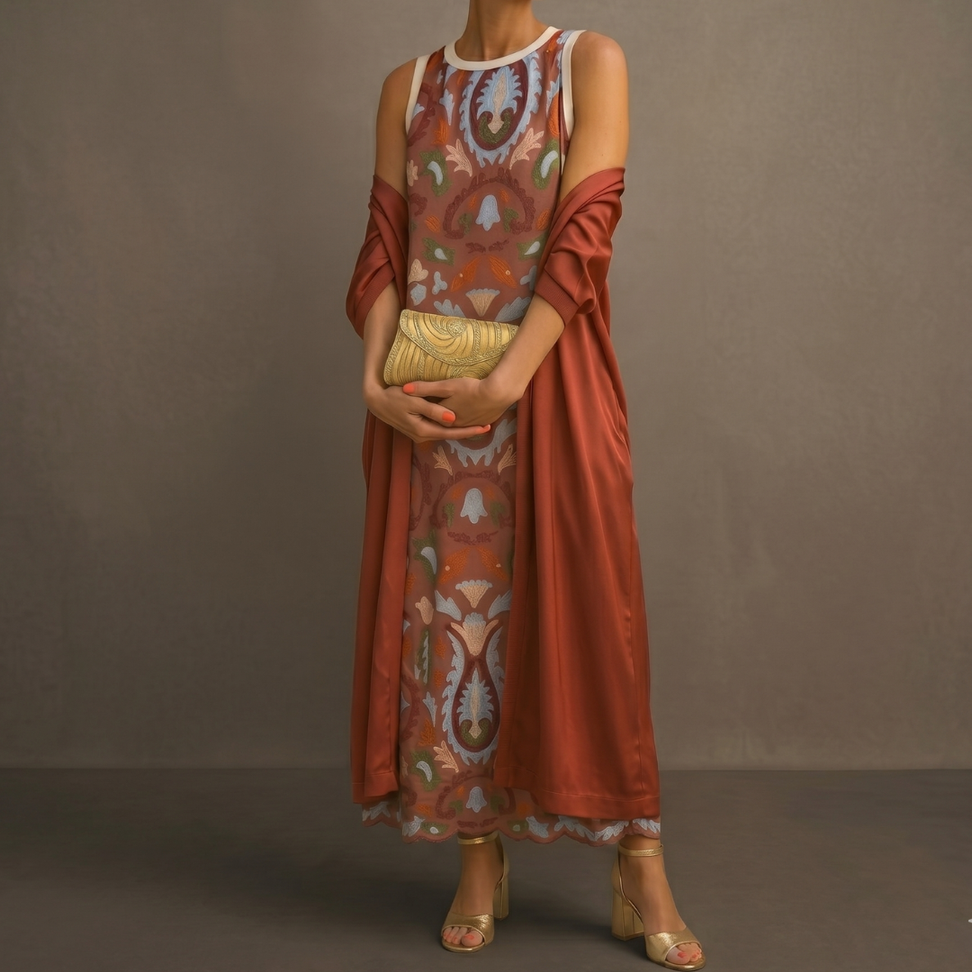 Aura | Long Printed Dress with Coordinated Vest