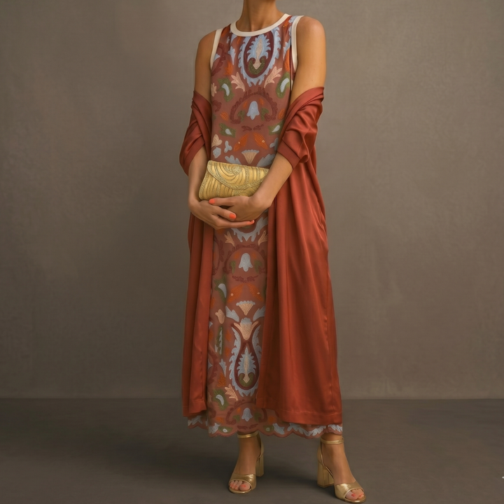 Aura | Long Printed Dress with Coordinated Vest