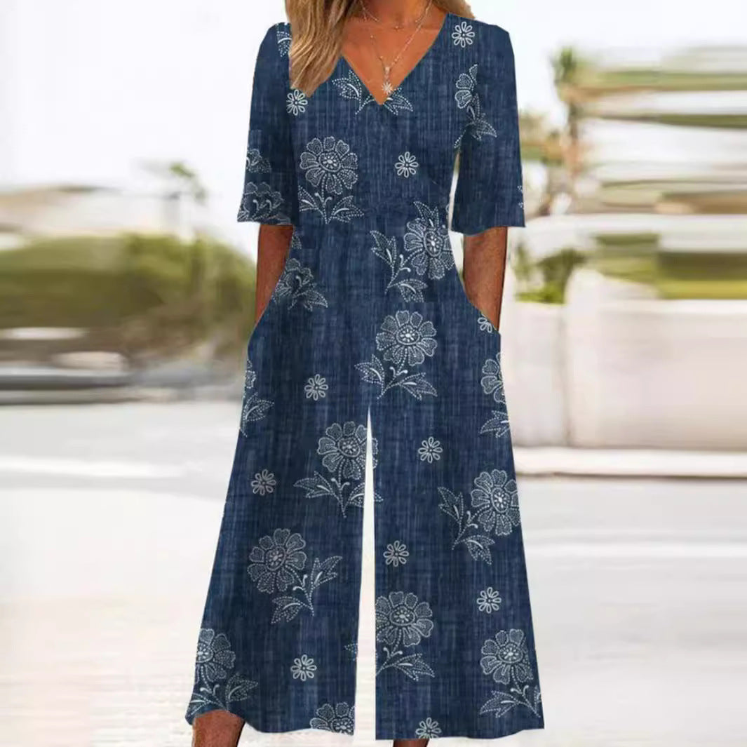 Gloria | Floral V-Neck Wide Leg Jumpsuit